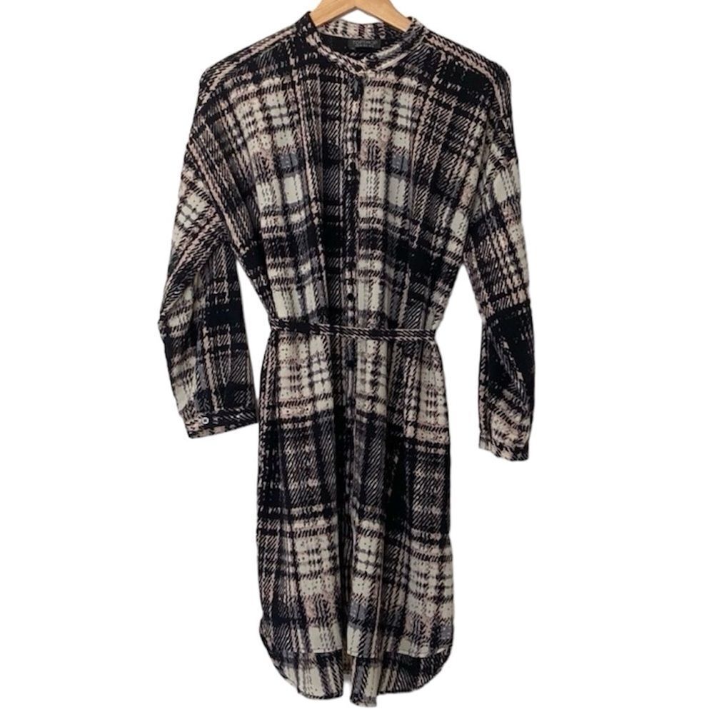 Topshop Houndstooth Plaid Shirt Dress Size 8 Belted Preppy Neutral Office Career